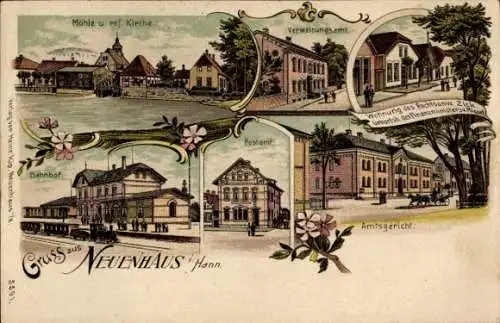 Litho Neuenhaus in Niedersachsen, Amtsgericht, Postamt, Bahnhof Gleisseite, Verwaltungsamt