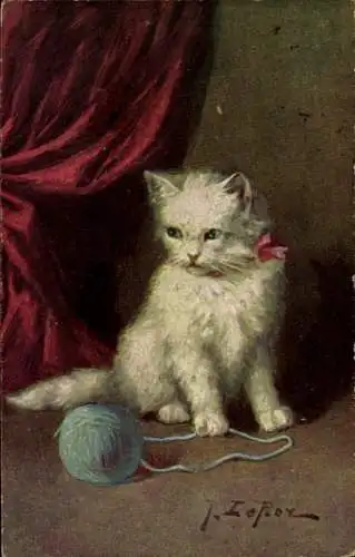 Künstler Ak Weiße Katze, Wollknäuel