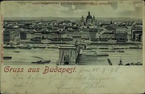 Mondschein Litho Budapest Ungarn, Stadtpanorama bei Nacht, Kettenbrücke, Basilika