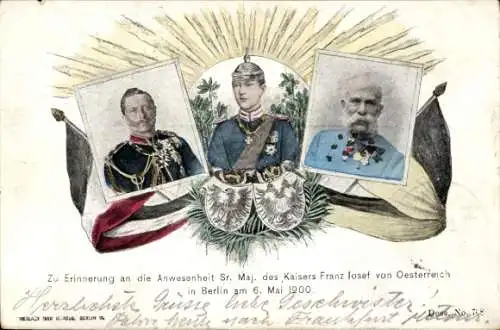 Ak Kaiser Wilhelm II., Kronprinz, Kaiser Franz Joseph I., Besuch in Berlin 1900, Wappen, Fahnen