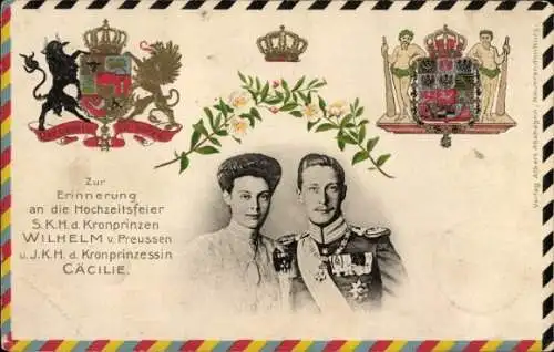 Präge Wappen Ak Kronprinz Wilhelm von Preußen, Kronprinzessin Cecilie, Hochzeitsfeier
