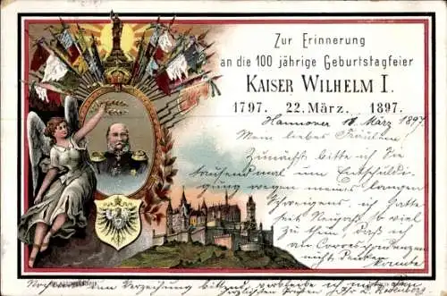 Passepartout Ak Kaiser Wilhelm I., 100-jährige Geburtstagsfeier 22. März 1897, Burg Hohenzollern