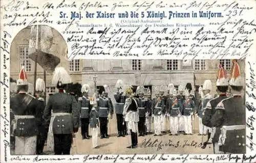 Ak Kaiser Wilhelm II. und die 5 königlichen Prinzen in Uniform, Waisenhäuser Deutscher Kriegerbund
