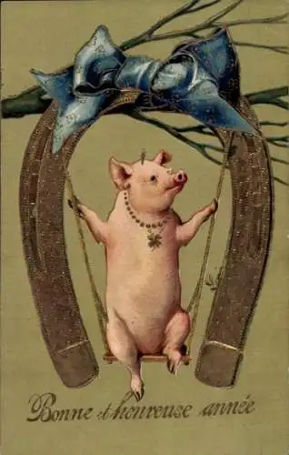 Präge Litho Glückwunsch Neujahr, Schwein auf einer Schaukel, Hufeisen, Schleife