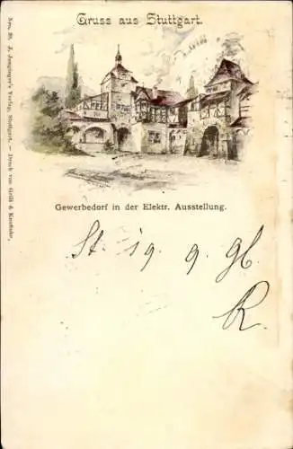 Ganzsachen Künstler Ak Stuttgart in Württemberg, Gewerbedorf in der Elektrischen Ausstellung 1896