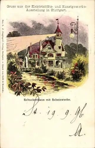 Künstler Litho Stuttgart am Neckar, Schuckerthaus mit Scheinwerfern, Elektrizitätsausstellung