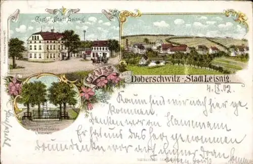 Litho Doberschwitz Leisnig in Sachsen, Gasthof Stadt Leisnig, König Albert Denkmal, Panorama