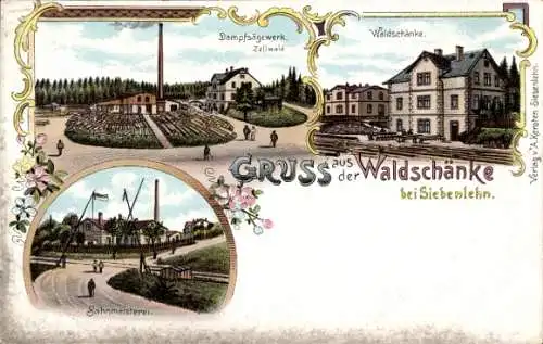 Litho Siebenlehn Großschirma in Sachsen, Waldschänke, Dampfsägewerk Zellwald, Bahnmeisterei