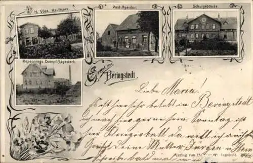 Ak Beringstedt in Holstein, Schule, Post, Kaufhaus, Dampfsägewerk