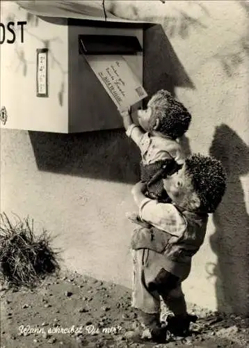 Ak Mecki der Igel mit Igelkind am Briefkasten, Wann schreibst Du mir