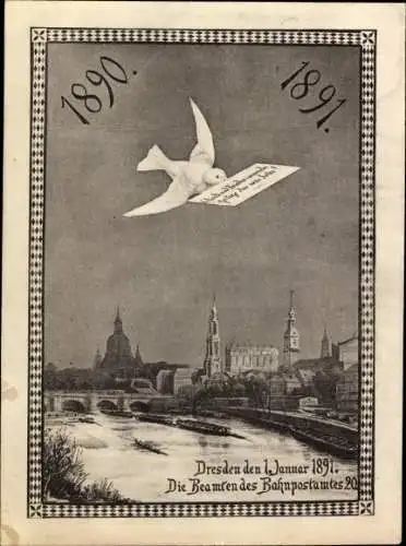 Postamt Neujahrsgrüße - Die Beamten des Bahnpostamtes 20 in Dresden 1890 Taube mit Brief