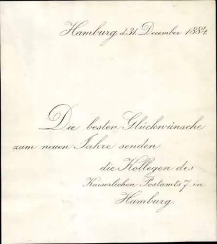 Postamt Neujahrsgrüße - von den Beamten des Kaiserlichen Postamtes No. 7 Hamburg 1884