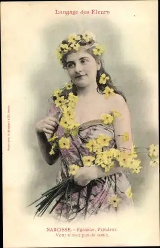 Ak Langage des Fleurs, Narcisse, Narzissen, Blumensprache, Frau