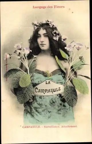 Ak Language des Fleurs, la Campanule, Frau mit Blumen, Blumensprache