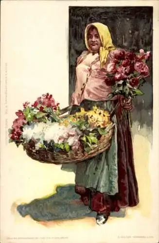Künstler Litho Wiener Blumenmädchen