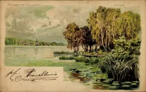 Halt gegen das Licht Litho Landschaft mit Gewässer, Meteor