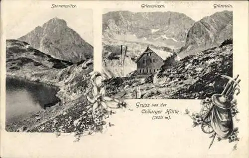 Ak Ehrwald in Tirol, Coburger Hütte, Sonnenspitze, Grünstein