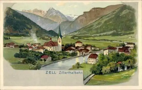 Litho Zell am Ziller in Tirol, Totalansicht