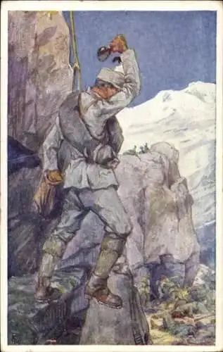 Künstler Ak KuK Armee, Alpenkrieg, Handgranatenwurd im Hochgebirge