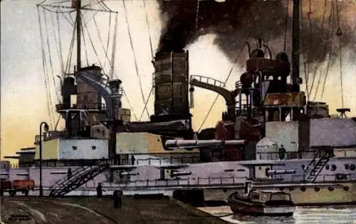 Künstler Ak Seeger, Deutsches Kriegsschiff, Breitseite eines Großkampfschiffes, SMS Nassau