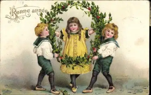 Ak Glückwunsch Neujahr, Kinder, Kranz aus Stechpalme