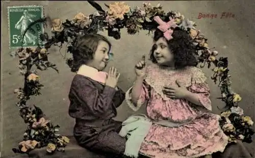 Ak Glückwunsch, Kinder, Blumen, Gespräch