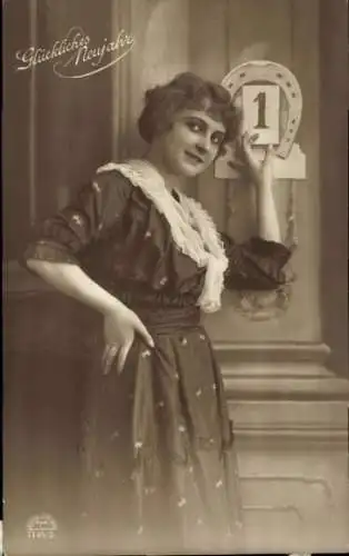 Ak Glückwunsch Neujahr, Frau, Hufeisen, Kalender