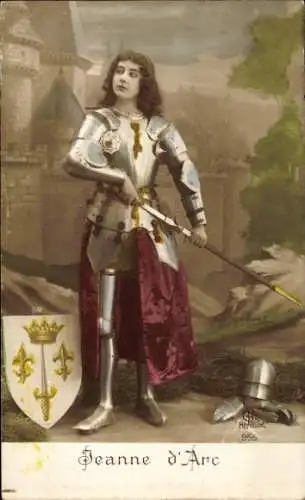 Ak Jeanne d'Arc in Rüstung, Schutzschild, Wappen, Schwert