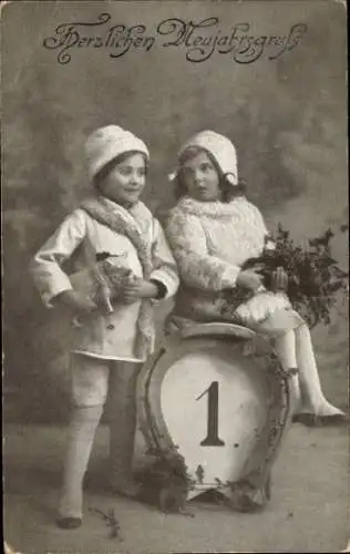 Ak Glückwunsch Neujahr, Kinder, Schwein, Kalender, Hufeisen