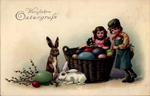 Ak Glückwunsch Ostern, Kinder, Ostereier im Korb, Weidenkätzchen, Osterhasen