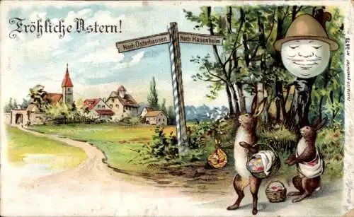 Litho Glückwunsch Ostern, Osterhasen mit Eiern, Osterhausen, Hasenheim