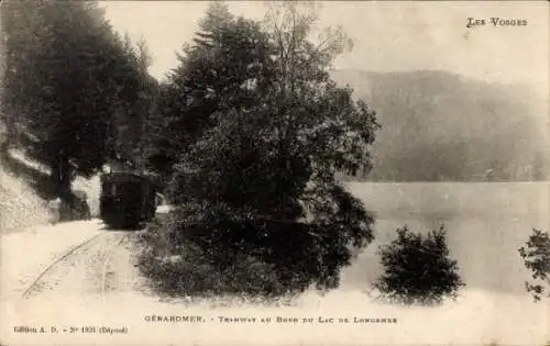 Ak Gérardmer Lothringen Vosges, Straßenbahn am Rande des Longemersees