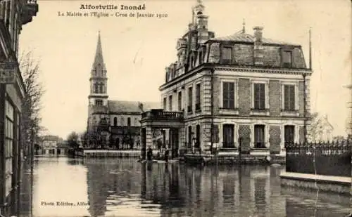 Ak Alfortville Val de Marne, La Mairie, l'Eglise, Crue de Janvier 1910