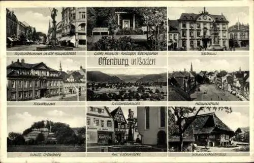 Ak Offenburg in Baden Schwarzwald, Neptunbrunnen, Rathaus, Hauptstraße, Fischmarkt, Schloss