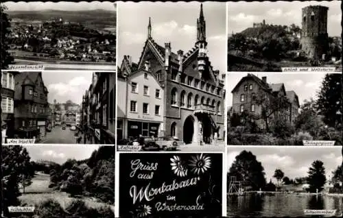 Ak Montabaur im Westerwald, Gesamtansicht, Rathaus, Schloss, Wolfsturm, Schwimmbad, Markt