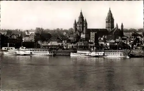 Ak Mainz am Rhein, Rheinfront mit Schiffen Frieden und Goethe