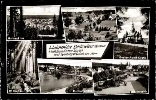 Ak Hahnenklee Bockswiese Goslar im Harz, Kurteich, Gustav-Adolf-Kirche, Kurpromenade, Hochwald