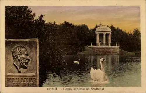 Ak Krefeld am Niederrhein, Stadtwald, Deuss-Denkmal, Schwäne