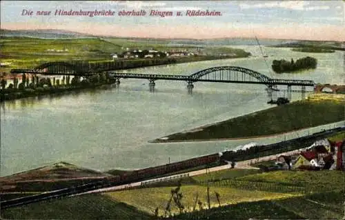 Ak Bingen am Rhein, Rüdesheim, neue Hindenburgbrücke, Eisenbahn, Dampflok