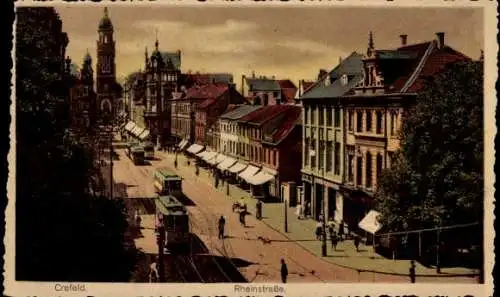 Ak Krefeld am Niederrhein, Rheinstraße, Kirche, Geschäfte, Straßenbahn