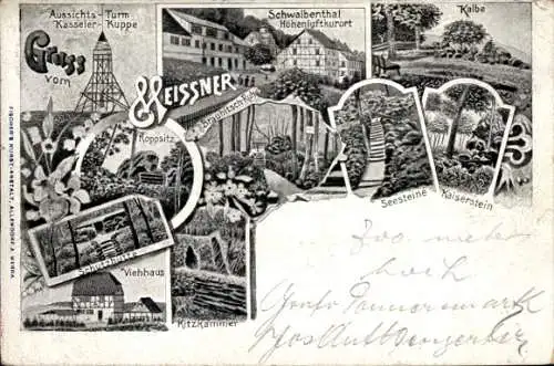 Litho Meißner in Hessen, Schwalbenthal, Aussichtsturm Kasseler-Kuppe, Kalbe, Viehhaus, Schutzhütte