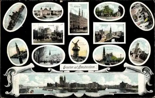 Passepartout Ak Amsterdam Nordholland Niederlande, Panorama, Windmühle, Rathaus, Turm