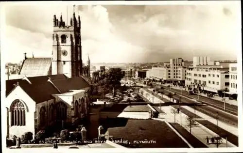 Ak Plymouth Devon England, St. Andrews Kirche und Royal Parade