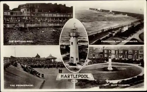 Ak Hartlepool Durham England, Badebecken, Promenade, Cliff Gardens, Leuchtturm