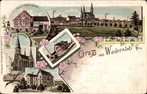 Litho Wadersloh in Westfalen, Villa Engeling, Kirche, Hospital, Totalansicht