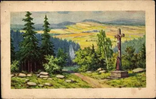 Ak Tschechien, z lesnich samot, Wegekreuz, Landschaft