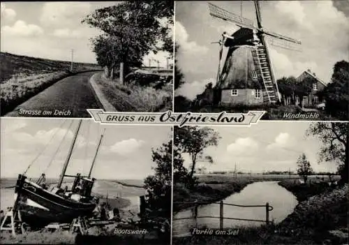 Ak Weener in Ostfriesland, Windmühle, Straße, Deich, Bootswerft, Siel