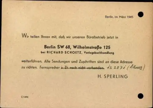 Michel Nr. 784 "Berlin Wilhelmsruh 18.4.45", Aktenlochung