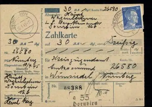 Zahlkarte 791 "(12b) Dornbirn 10.4.45" mit PLGZ