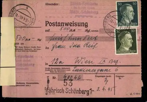 PAW 794, 796 "Mährisch Schönberg 3.4.45" mit Heimatschein